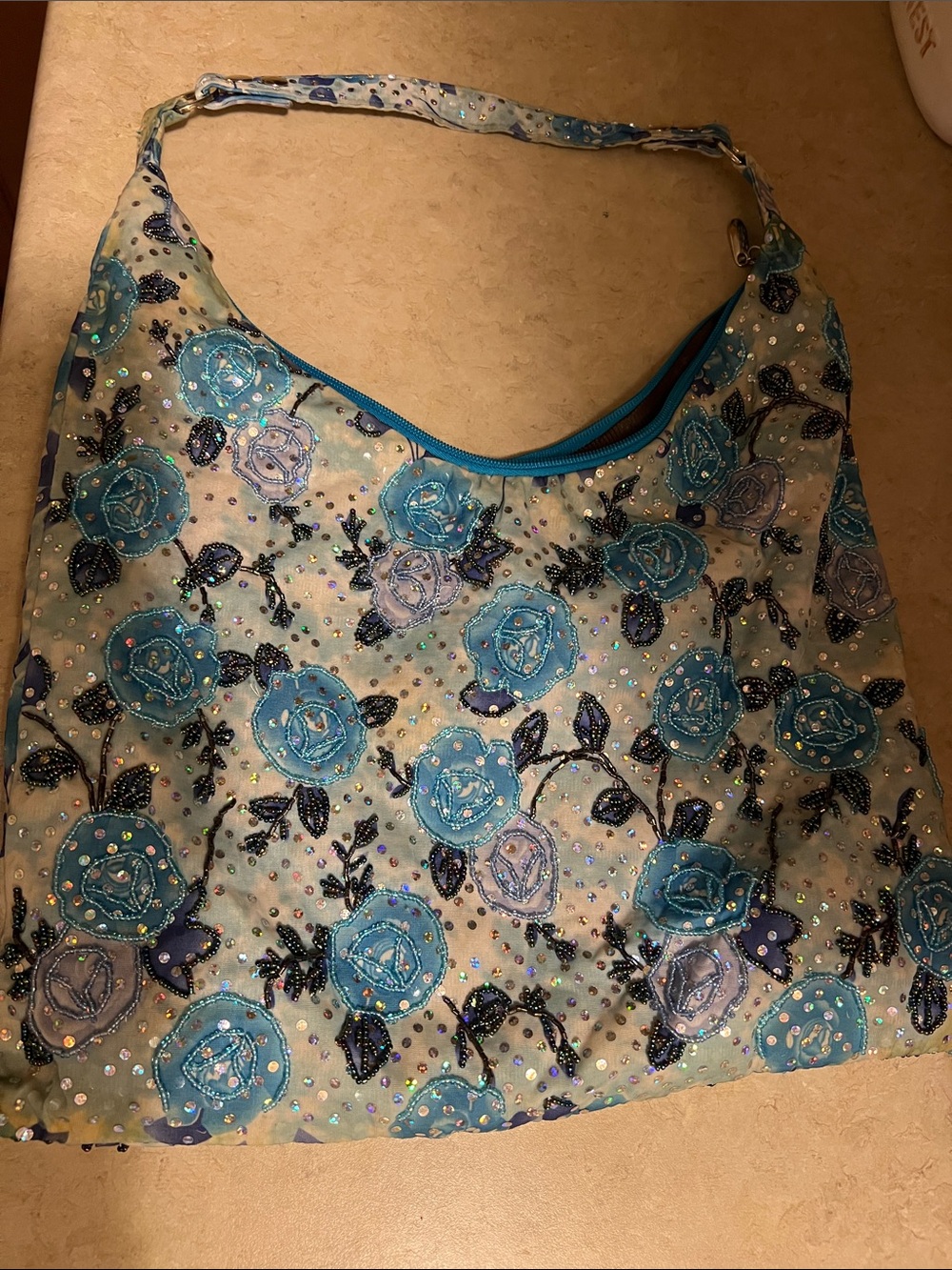 Blue Floral Sequin Shoulder Bag